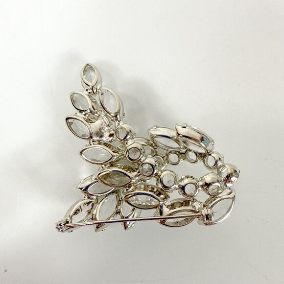 Vintage Silver Tone Open Back Clear Rhinestones Swirl Leaf Brooch - Picture 5 of 5